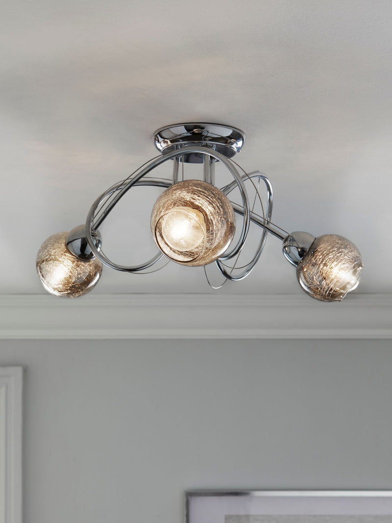 Ceiling light fitting Chrome Lana 3 light smoke glass shades, imported from the UK