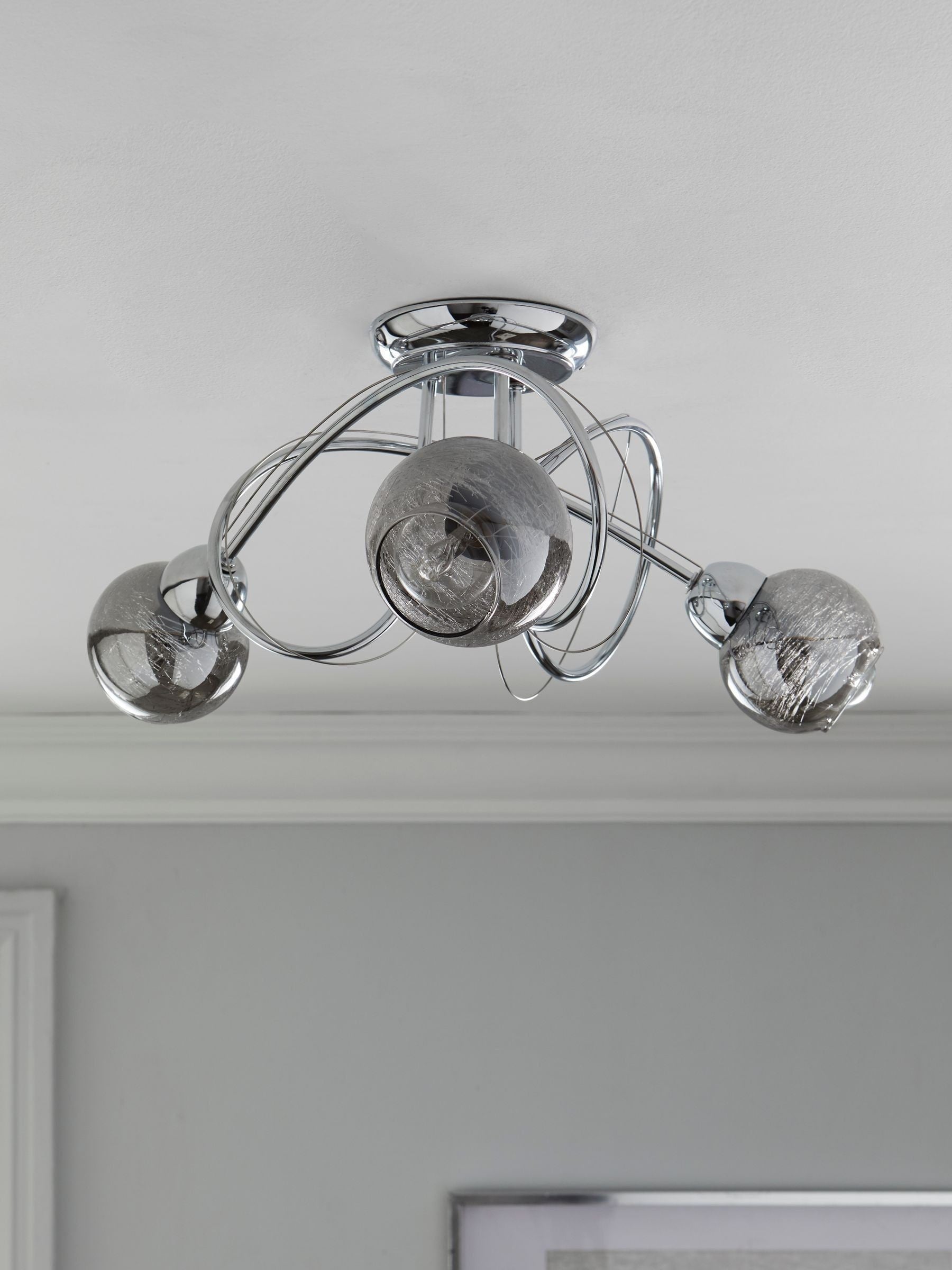 Ceiling light fitting Chrome Lana 3 light smoke glass shades, imported from the UK