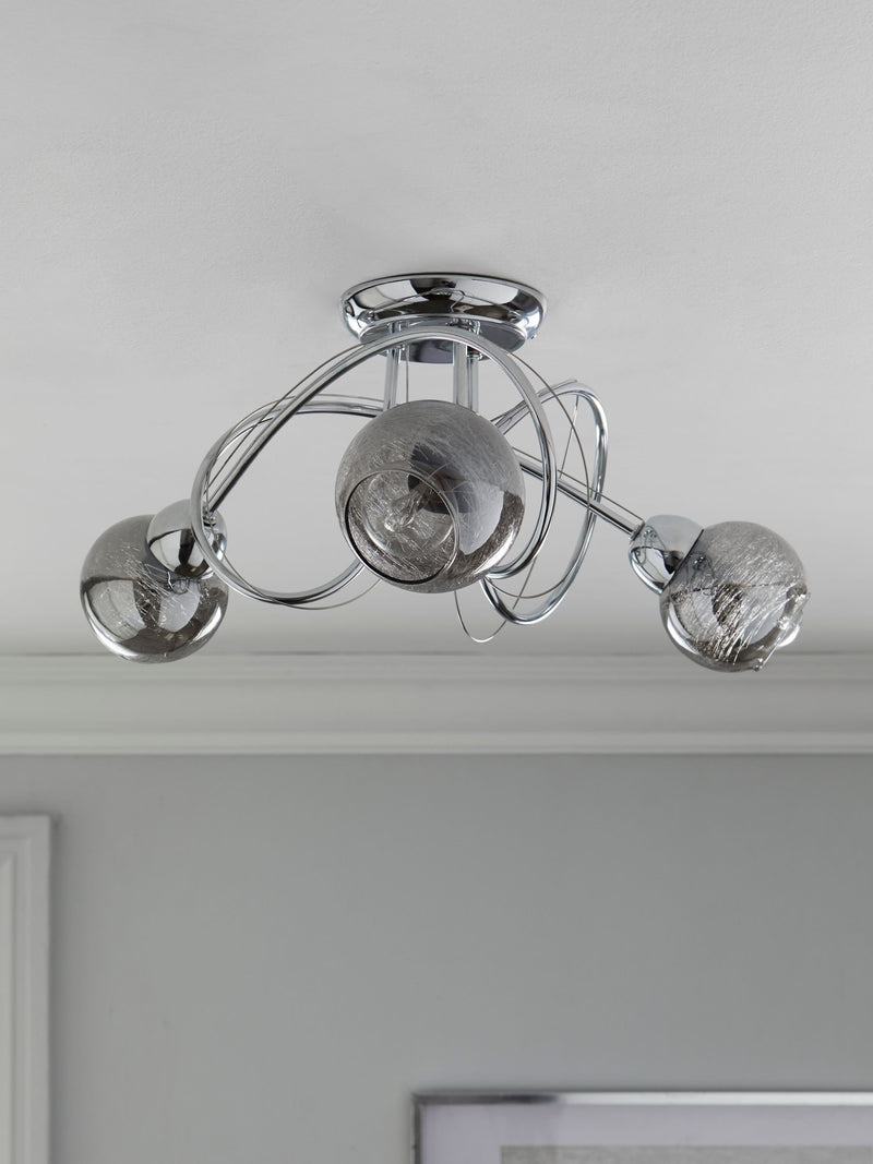 Ceiling light fitting Chrome Lana 3 light smoke glass shades, imported from the UK