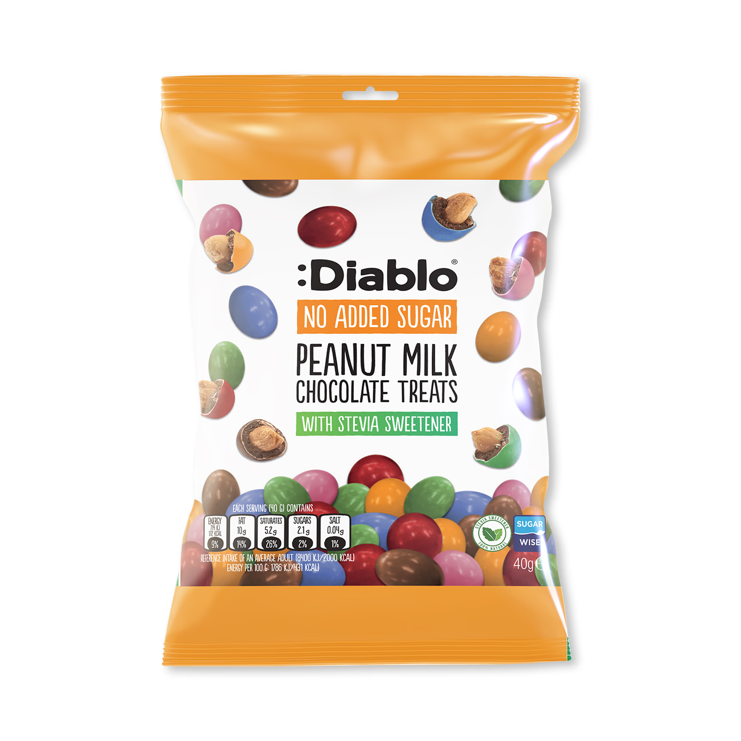 Diablo milk chocolate coated peanut treats no added sugar 40g, UK version