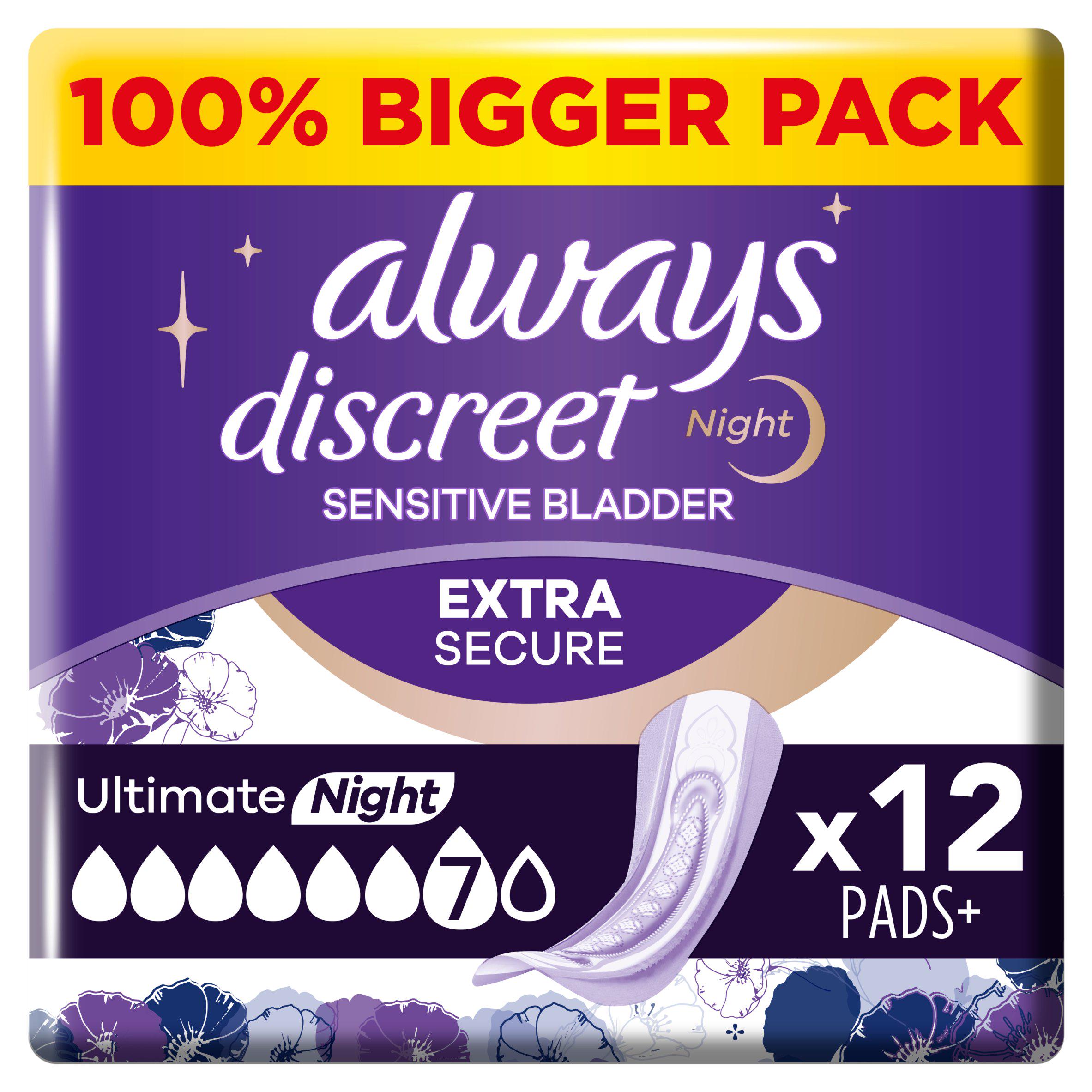 Always Discreet Incontinence Plus Womens Ultimate Night Pads x12 GOODS Sainsburys   