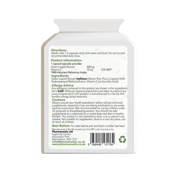 Pharmanostix Green Lipped Mussel supplement capsules 500mg (British brand)