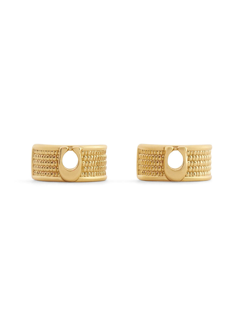 COACH gold huggie earrings with signature C motif (British brand)