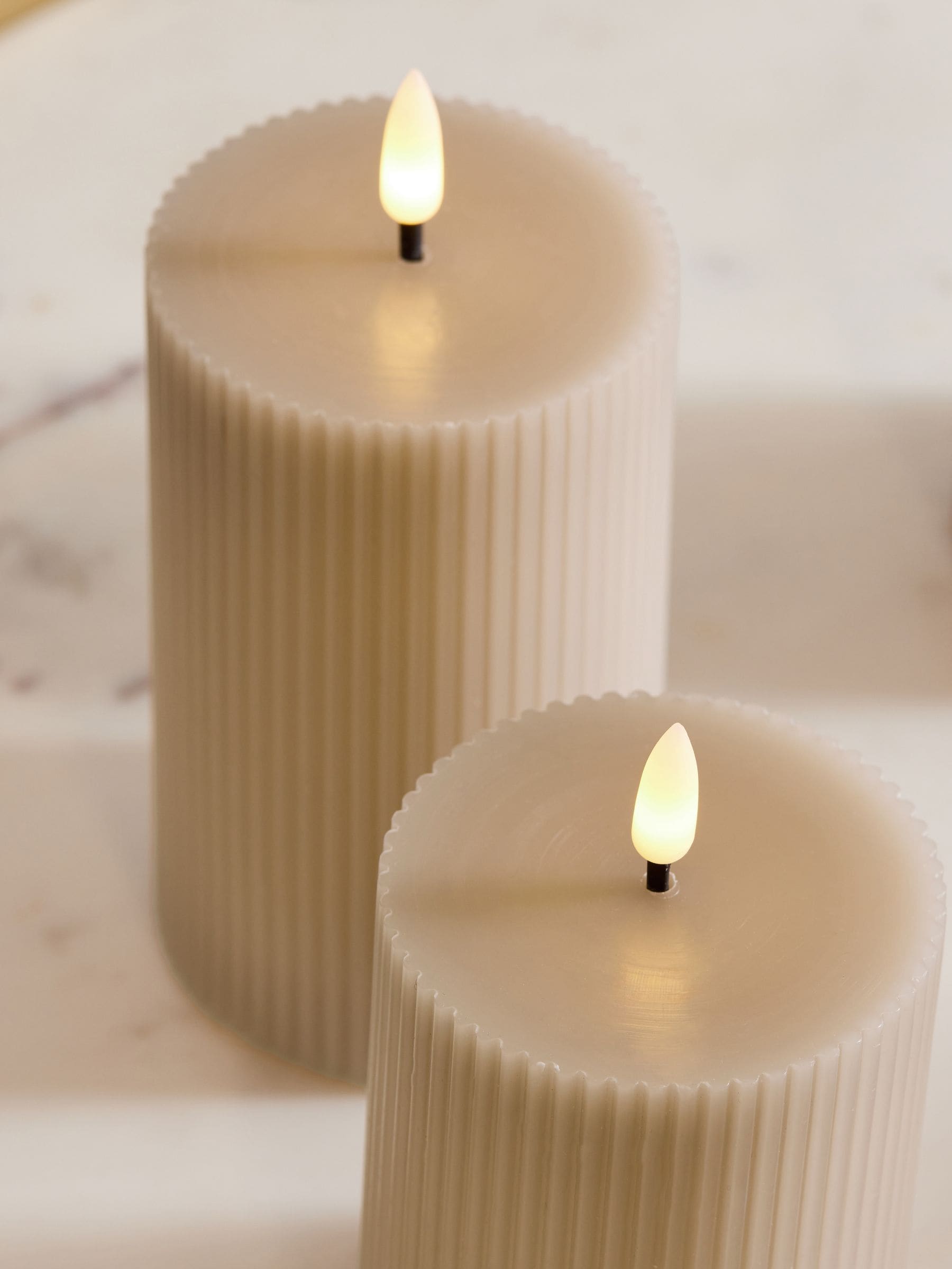 Taupe brown real wax ribbed LED pillar candles set of 3 (British brand)