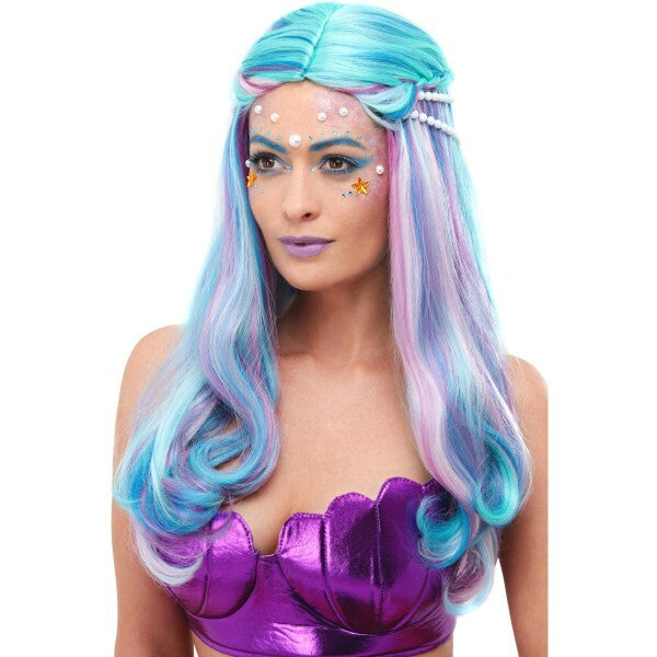 Smiffys mermaid wig blue with pearls, imported from the UK