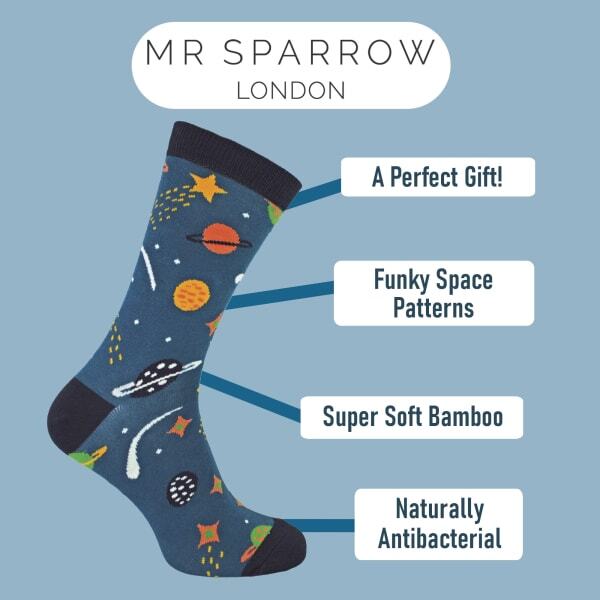 Mr Heron novelty bamboo socks solar system pattern (British brand)