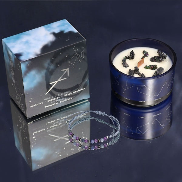 Serenityy's Sagittarius crystal candle with gemstone bracelet 320g, imported from the UK