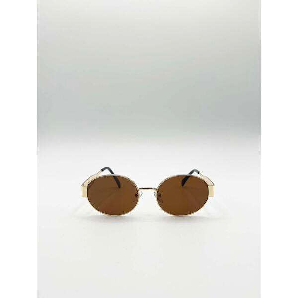 SVNX rounded oval metal frame sunglasses in gold brown, imported from the UK