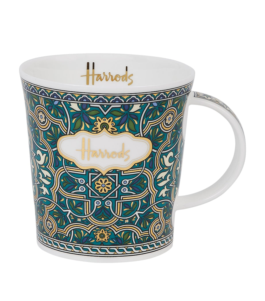 Harrods green paisley bone china mug with gold details, UK version