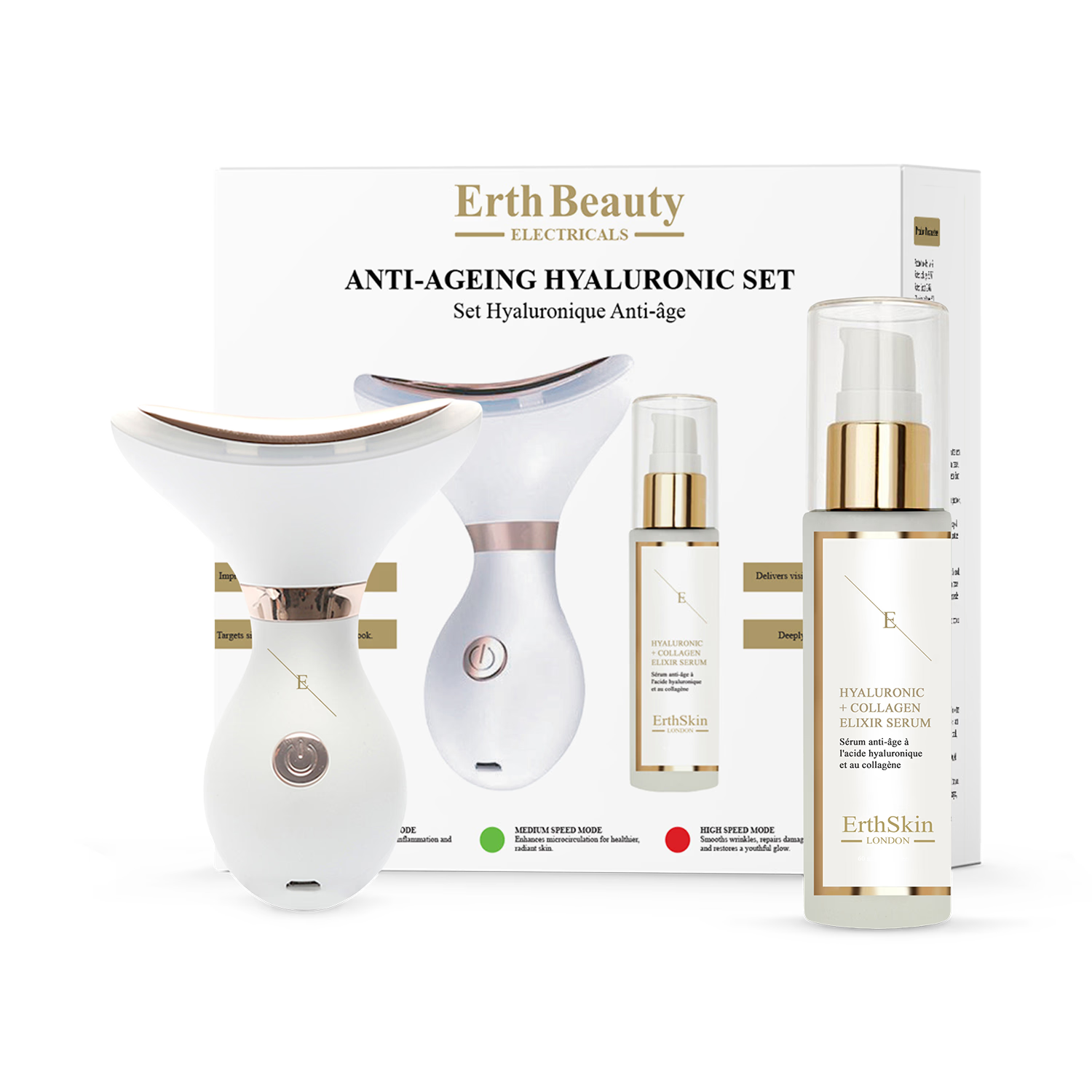 Erth Skin London anti-ageing set neck massager and HA serum, UK version