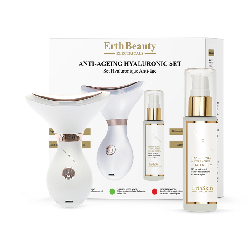 Erth Skin London anti-ageing set neck massager and HA serum, UK version