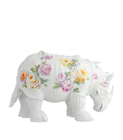 Figurine de rhinocéros en porcelaine fine avec roses peintes à la main, hauteur 28 cm