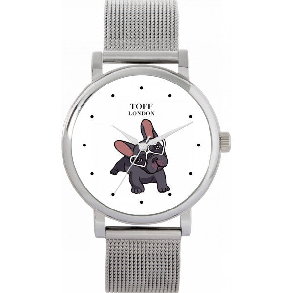 Toff London White Ladies Grey French Bulldog watch - British product