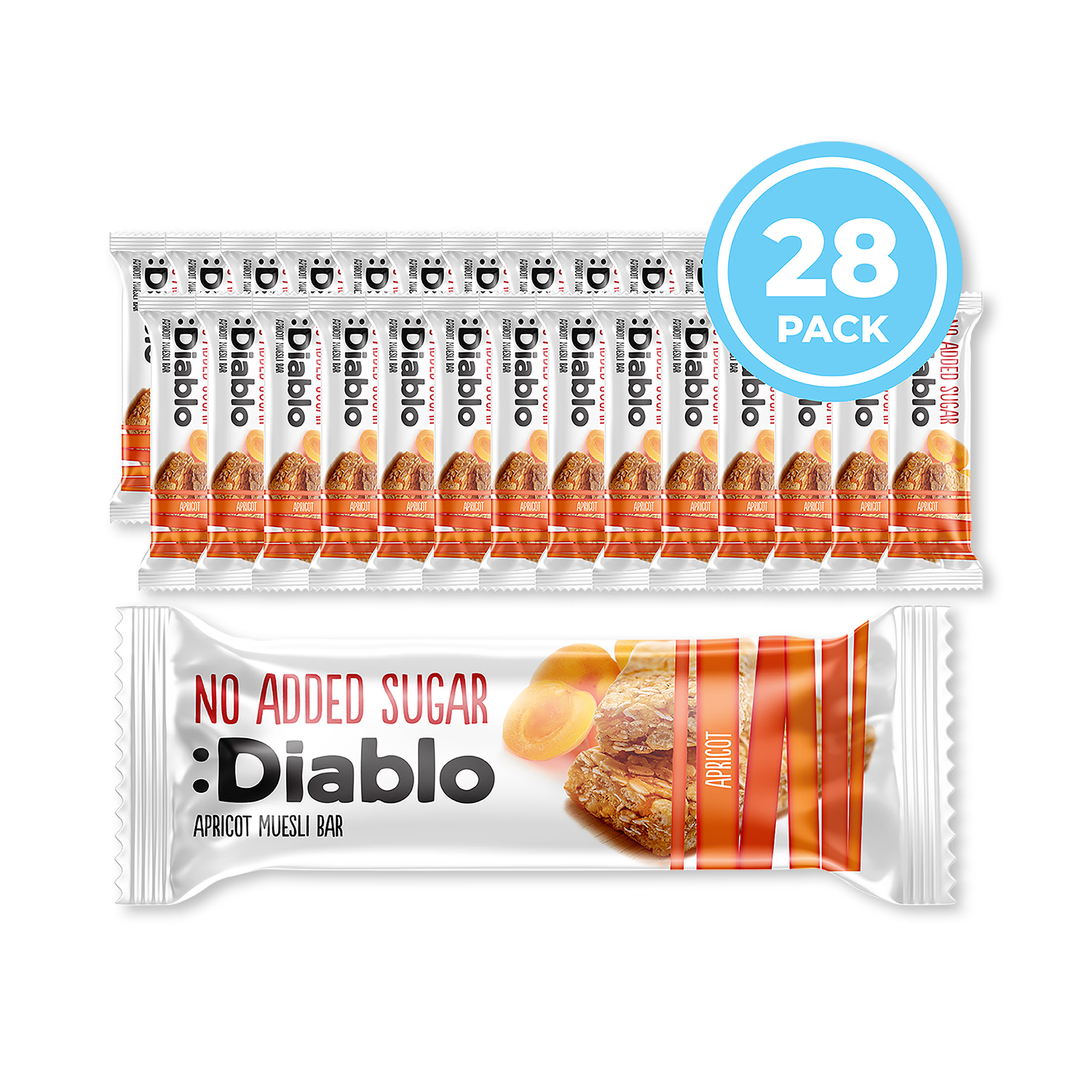 Diablo no added sugar muesli bar apricot 30g pack of 28, UK version