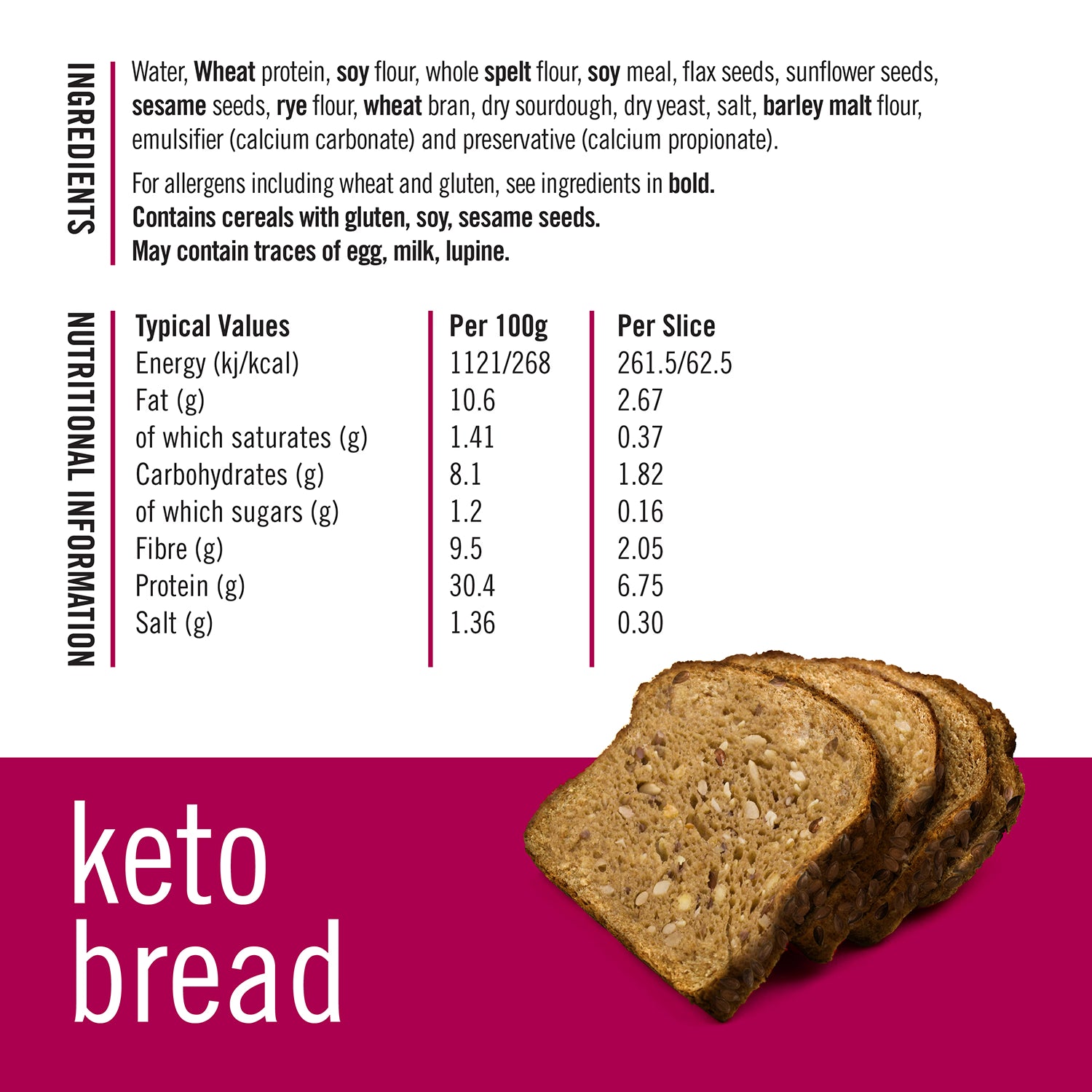 Fitbakes keto flaxseed bread 2g carbs high protein 190g (British brand)