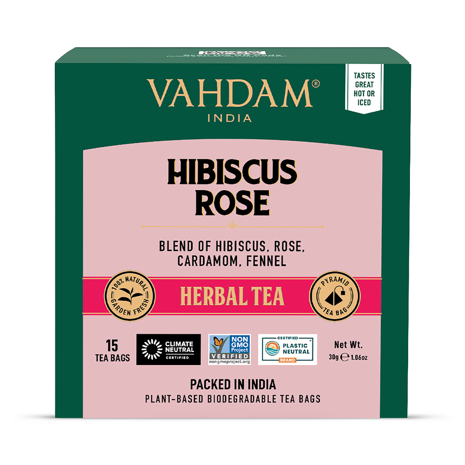 Hibiscus and Rose Herbal Tea with Cardamom and Fennel 15 Tea Bags