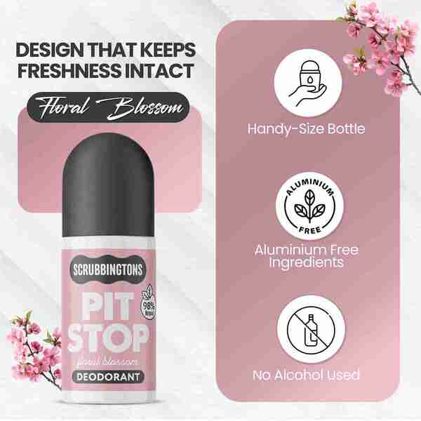 Scrubbingtons Pit Stop Floral Blossom deodorant 75ml 4-pack, imported from the UK