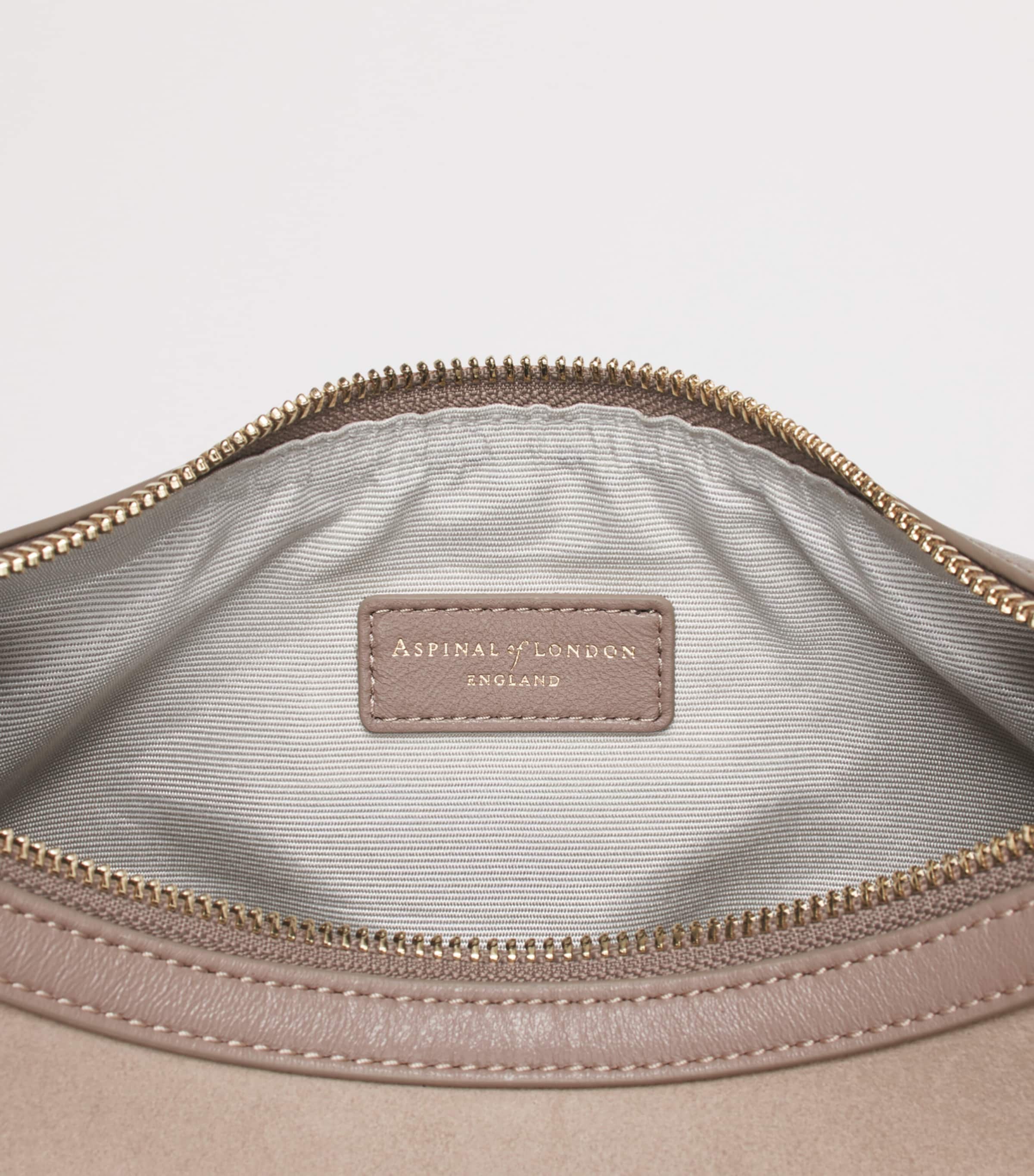 Aspinal of London small Soho Crescent suede shoulder bag, UK version