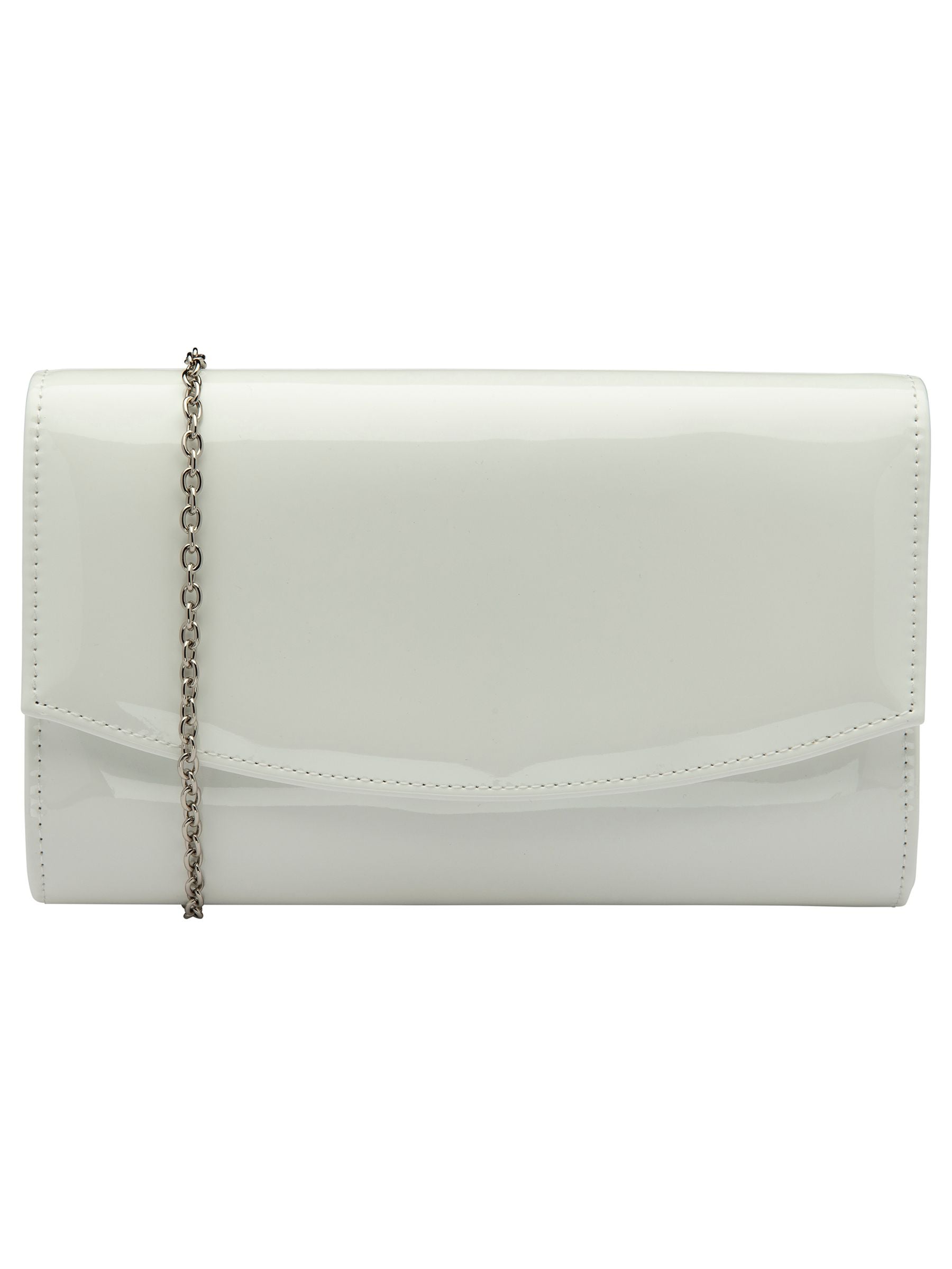 Ravel White Clutch Bag with patent finish and metal chain, imported from the UK
