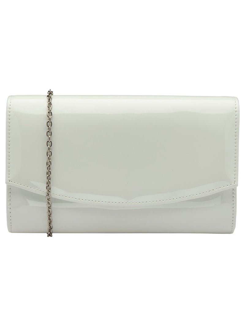 Ravel White Clutch Bag with patent finish and metal chain, imported from the UK