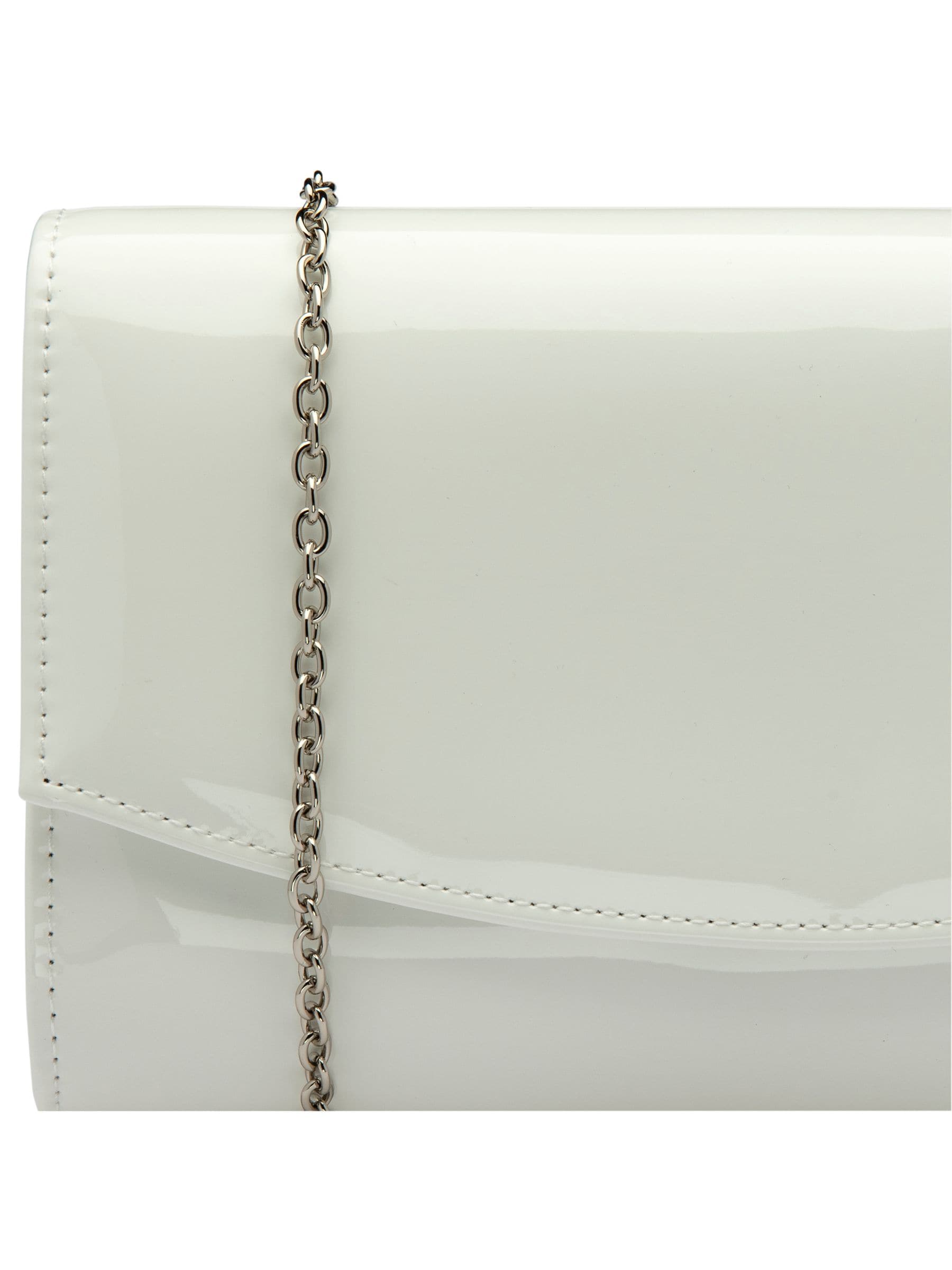 Ravel White Clutch Bag with patent finish and metal chain, imported from the UK