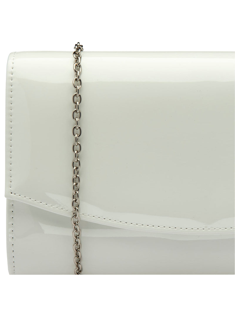 Ravel White Clutch Bag with patent finish and metal chain, imported from the UK