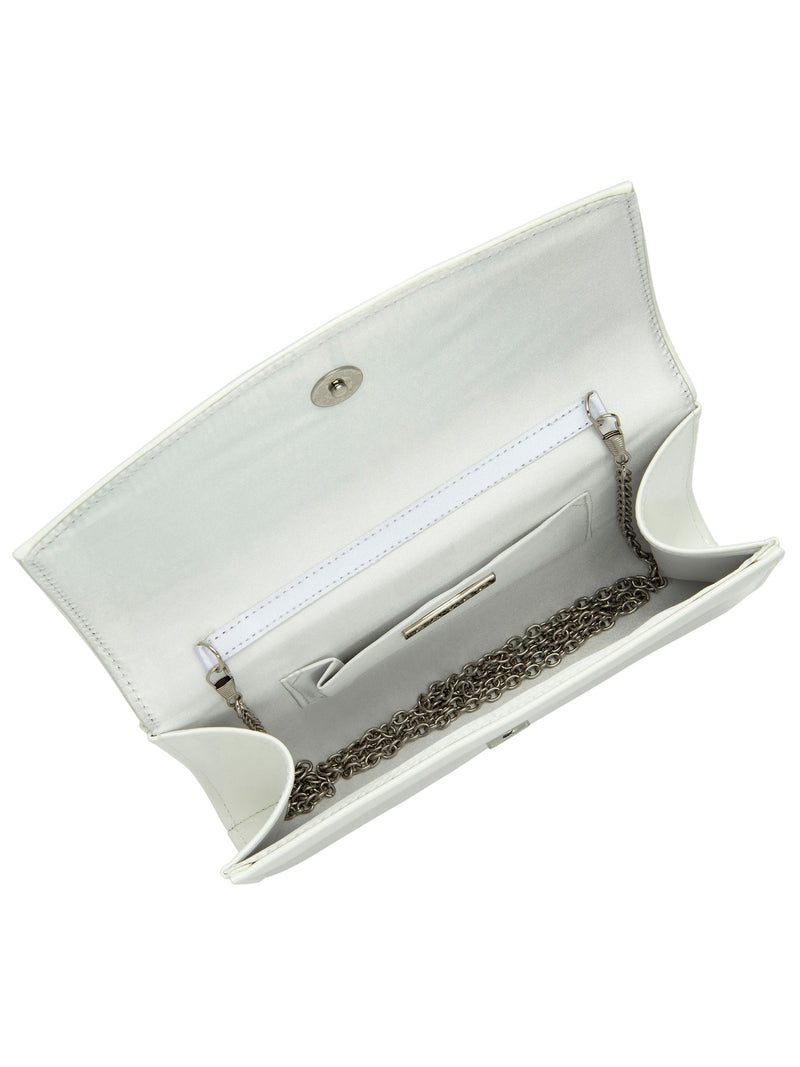 Ravel White Clutch Bag with patent finish and metal chain, imported from the UK