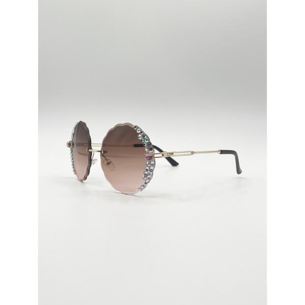 SVNX oversized round frameless sunglasses with gold frame and brown lenses - British product