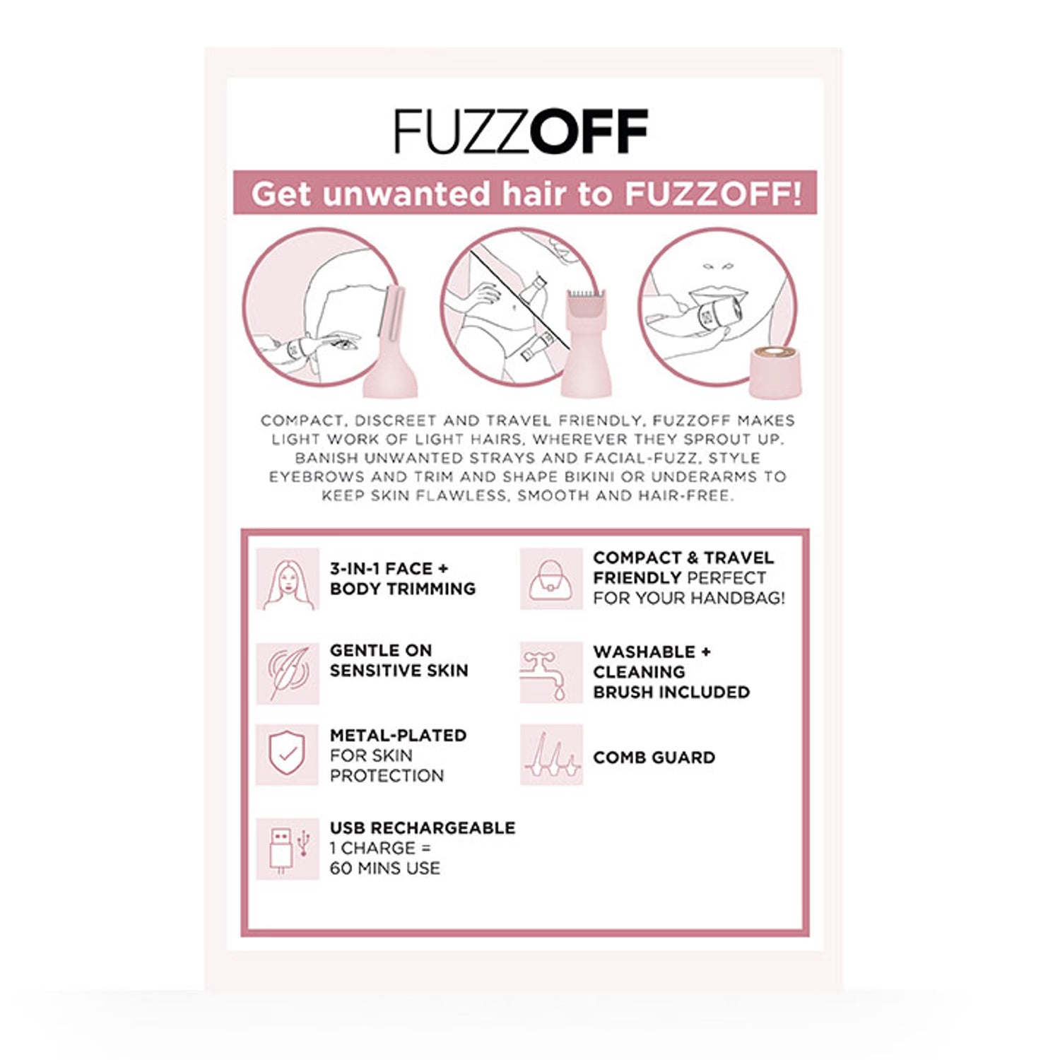 Magnitone FuzzOff 3-in-1 Rechargeable Precision Hair Trimmer - Pink