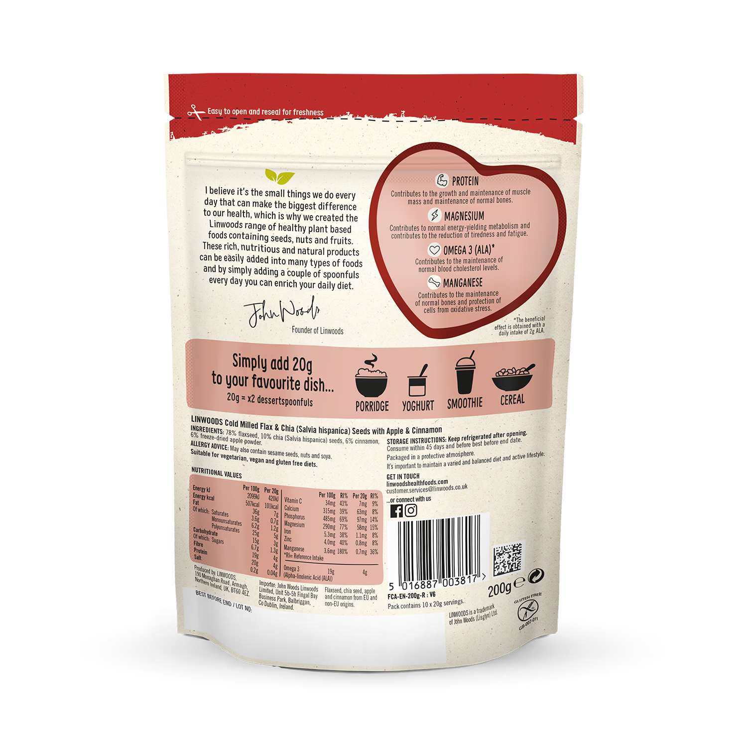 Linwoods Milled Flaxseed Chia Seed Apple Cinnamon 200g