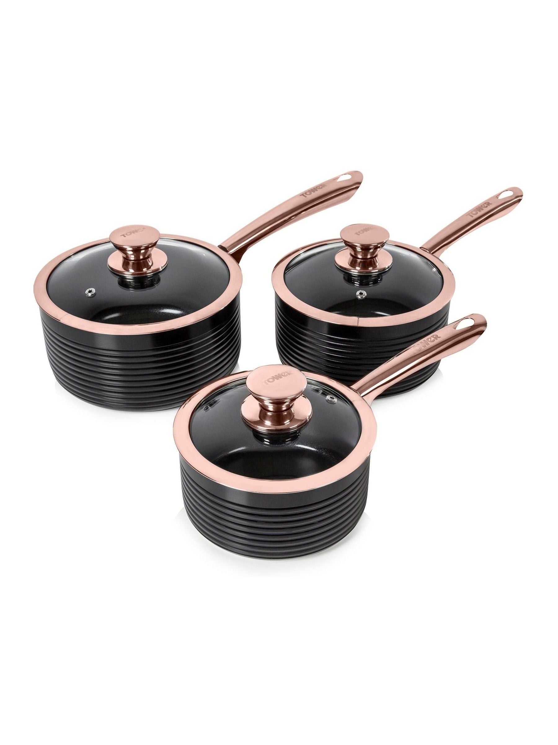Tower set of 3 black saucepans with lids (British brand)