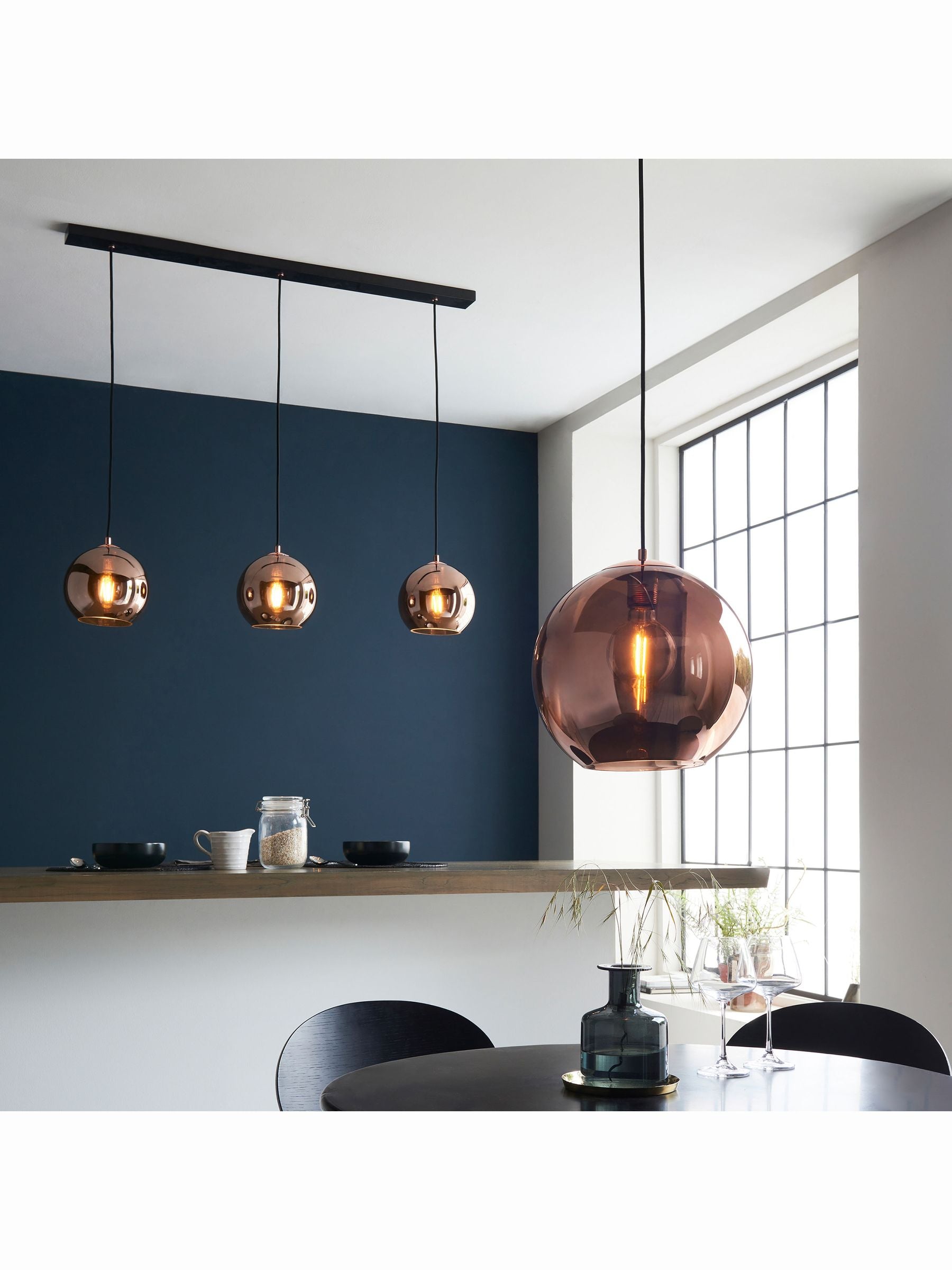 Gallery Home Copper Bali pendant light mirrored glass shades, imported from the UK