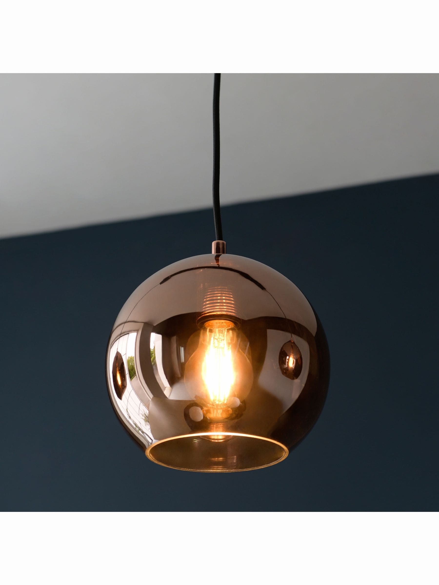 Gallery Home Copper Bali pendant light mirrored glass shades, imported from the UK