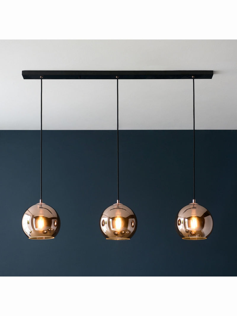 Gallery Home Copper Bali pendant light mirrored glass shades, imported from the UK