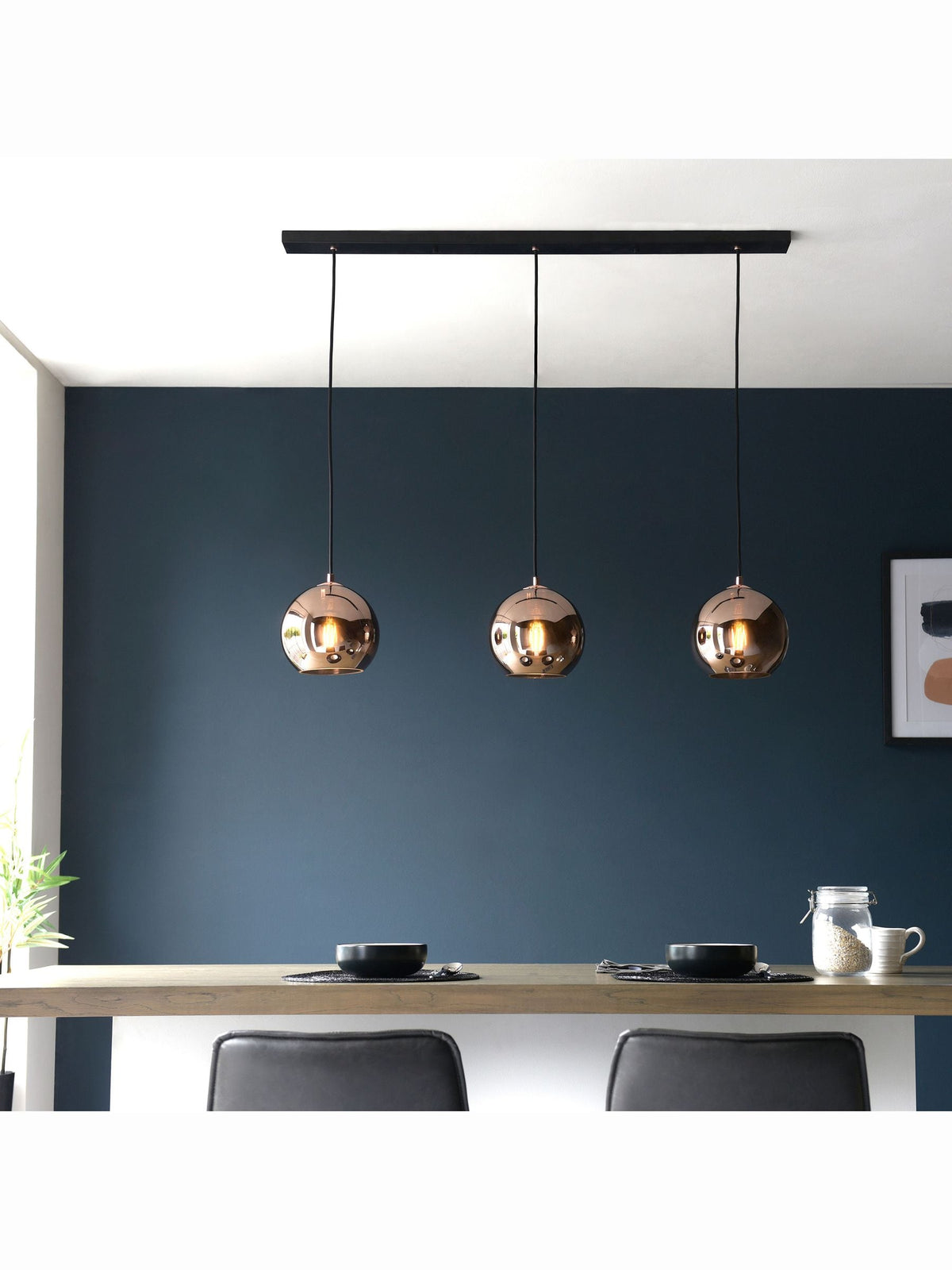Gallery Home Copper Bali pendant light mirrored glass shades, imported from the UK