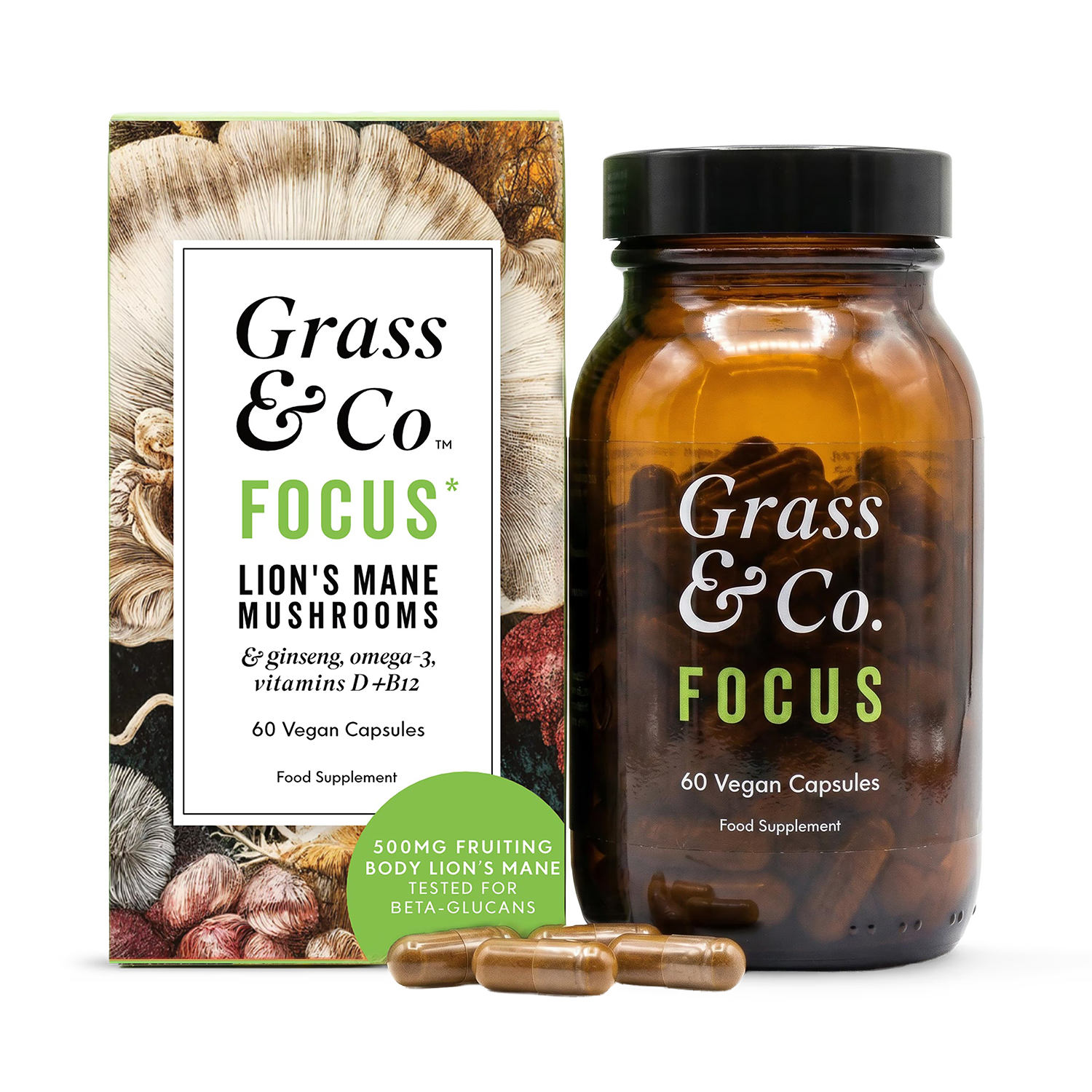 Lion's Mane Mushroom Focus Capsules with Ginseng & Omega-3 60 Vegan Capsules