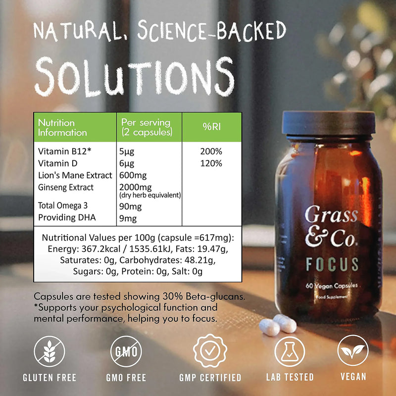 Lion's Mane Mushroom Focus Capsules with Ginseng & Omega-3 60 Vegan Capsules