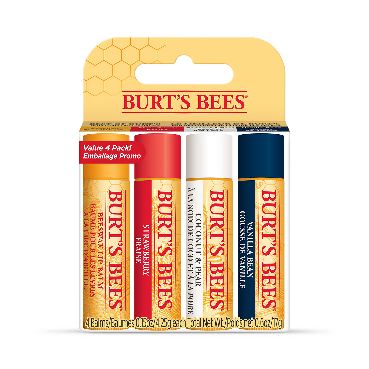Moisturising Lip Balm 4-Pack in Beeswax, Strawberry, Coconut & Pear, and Vanilla Bean with Shea Butter and Vitamin E