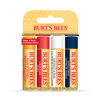 Holland & Barrett Moisturising Lip Balm 4-Pack in Beeswax, Strawberry, Coconut & Pear, and Vanilla Bean with Shea Butter and Vitamin E- Buy online at McGrocer