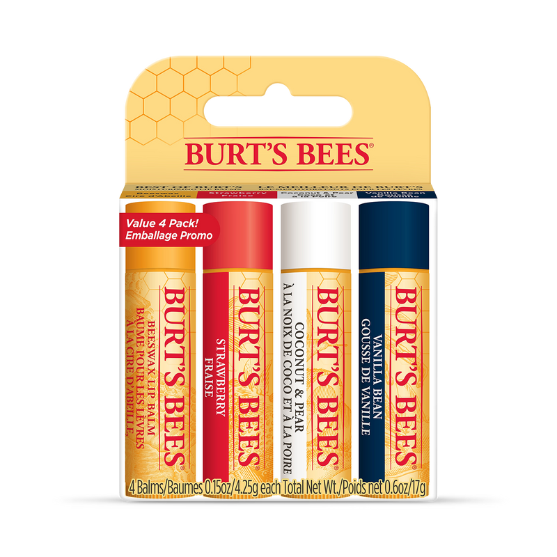 Moisturising Lip Balm 4-Pack in Beeswax, Strawberry, Coconut & Pear, and Vanilla Bean with Shea Butter and Vitamin E