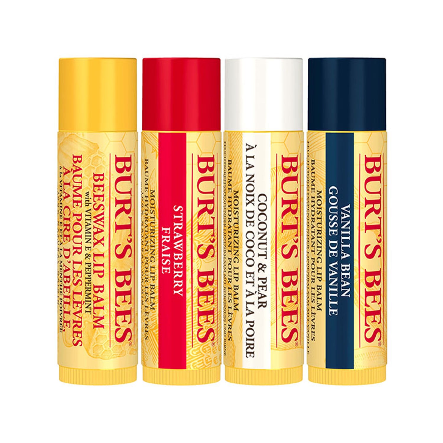 Moisturising Lip Balm 4-Pack in Beeswax, Strawberry, Coconut & Pear, and Vanilla Bean with Shea Butter and Vitamin E