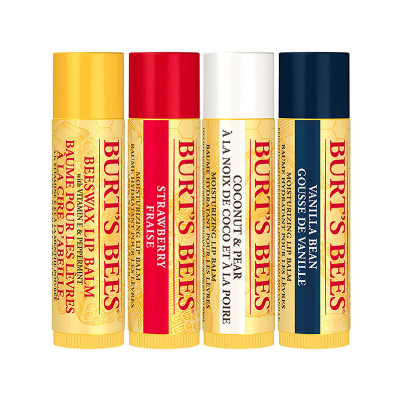 Moisturising Lip Balm 4-Pack in Beeswax, Strawberry, Coconut & Pear, and Vanilla Bean with Shea Butter and Vitamin E