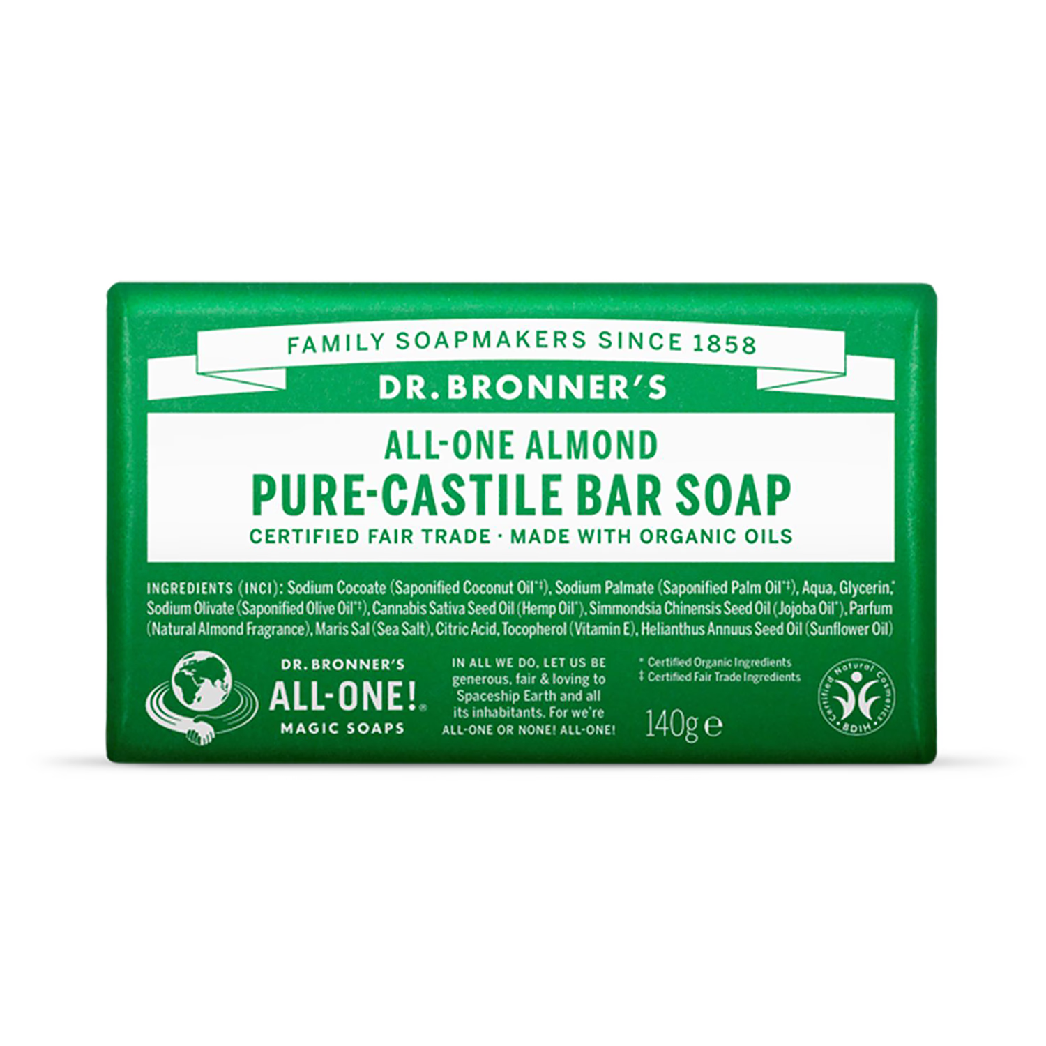Dr Bronner All-One Almond Pure-Castile Bar Soap 140g