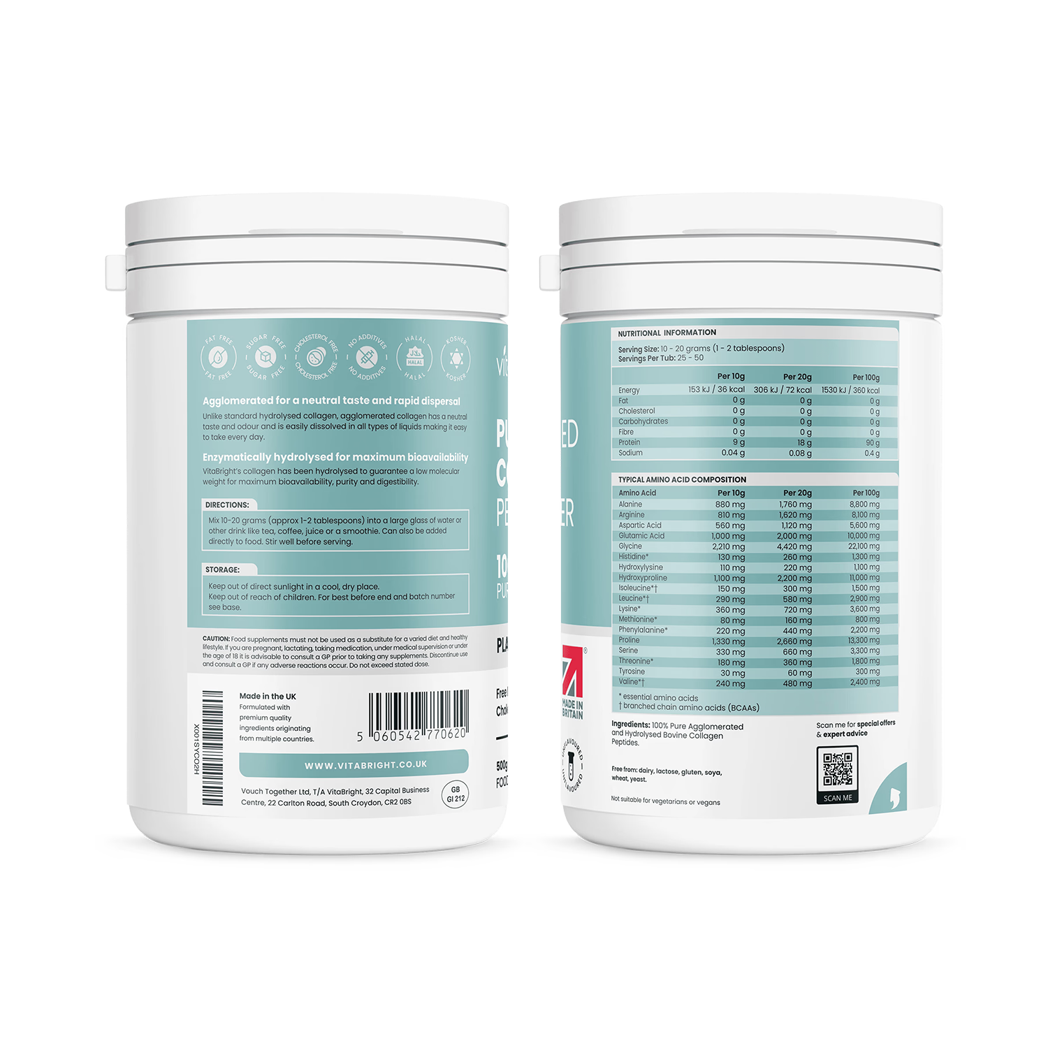 VitaBright bovine collagen powder 500g tub (British brand)