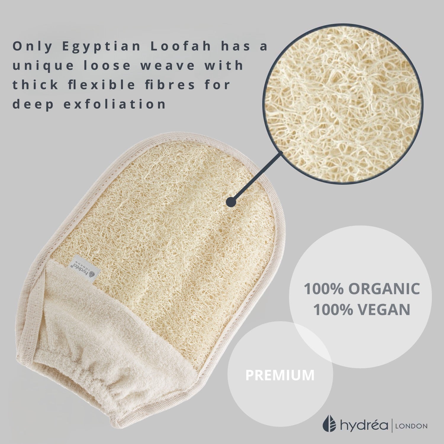 Hydréa London organic loofah exfoliating mitt with cuff, UK version