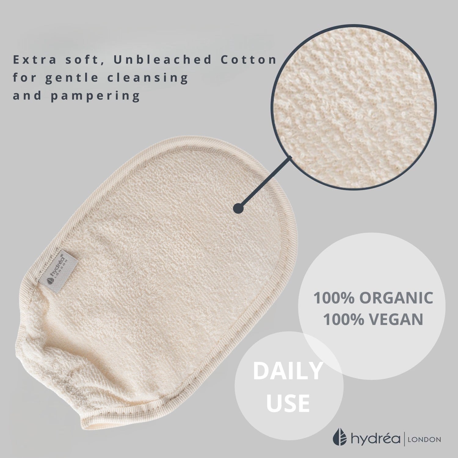Hydréa London organic loofah exfoliating mitt with cuff, UK version