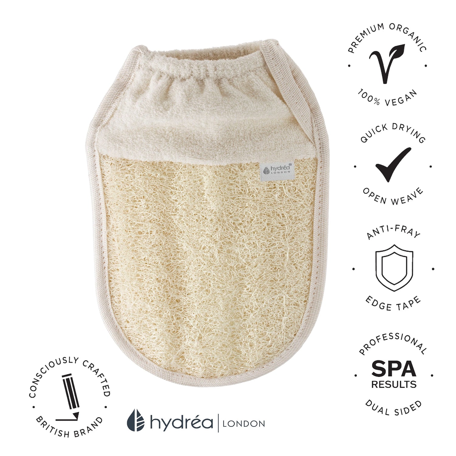 Hydréa London organic loofah exfoliating mitt with cuff, UK version