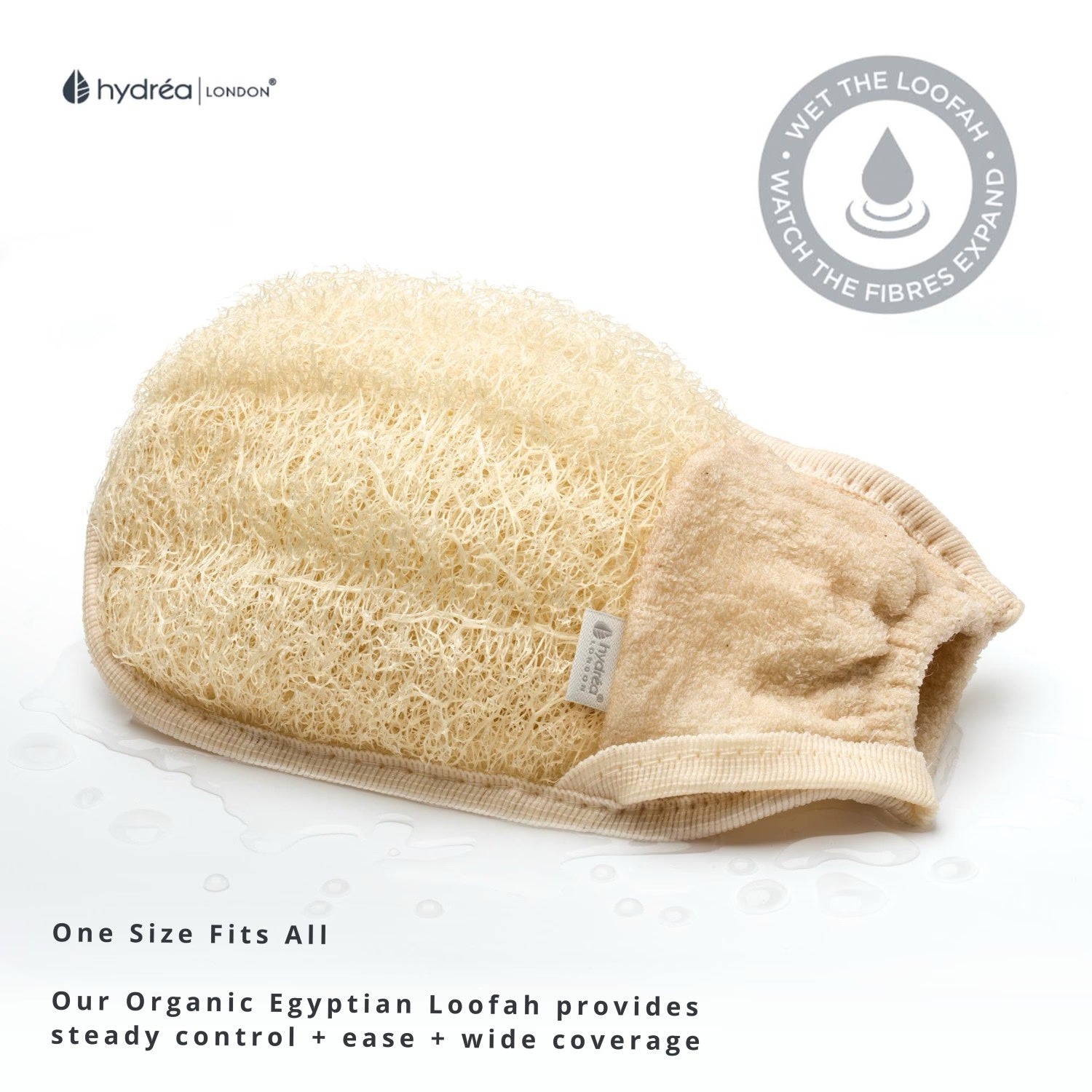 Hydréa London organic loofah exfoliating mitt with cuff, UK version