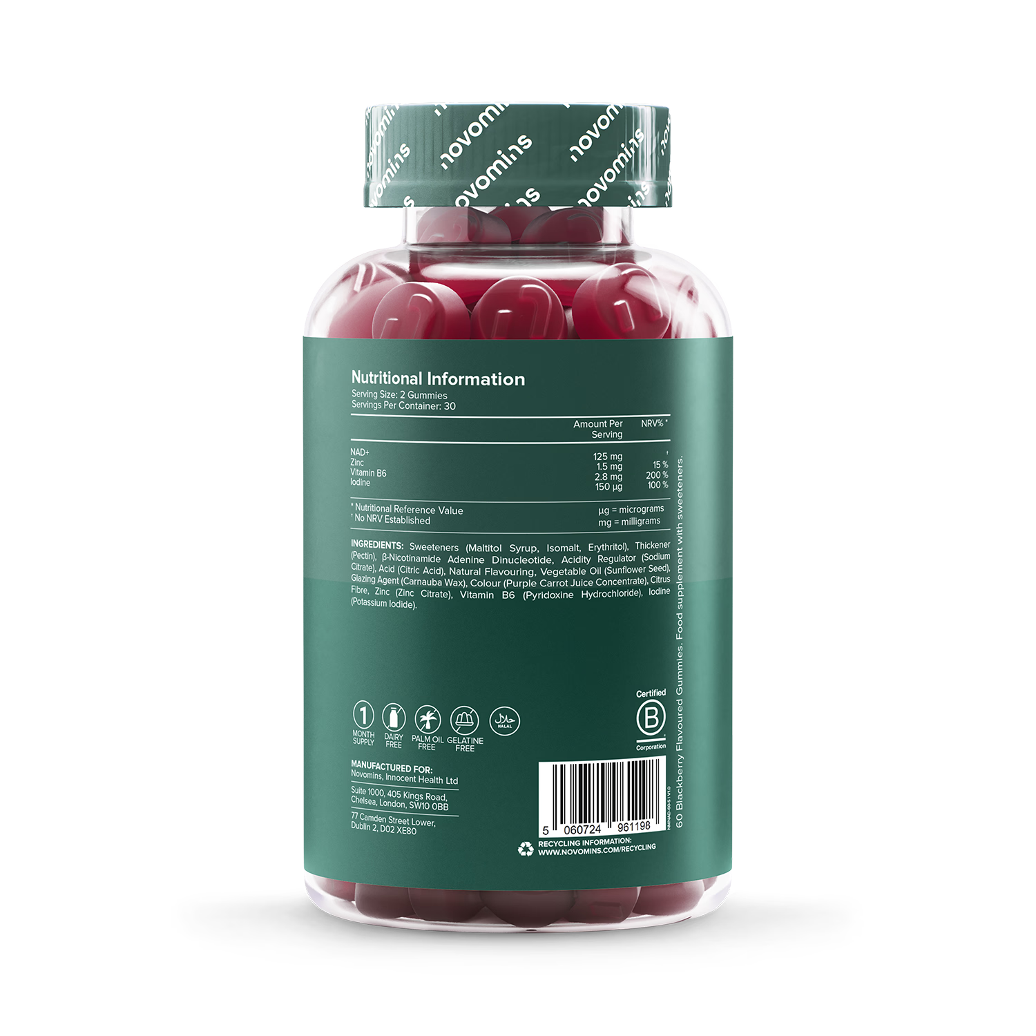 Novomins NAD+ blackberry flavour gummies 60 count, imported from the UK