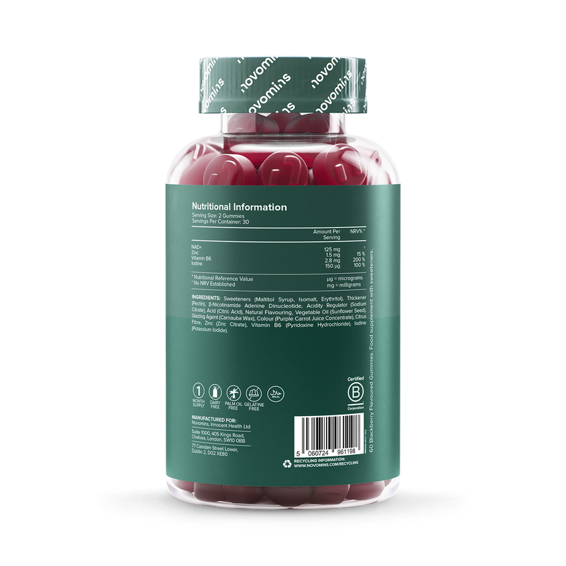 Novomins NAD+ blackberry flavour gummies 60 count, imported from the UK